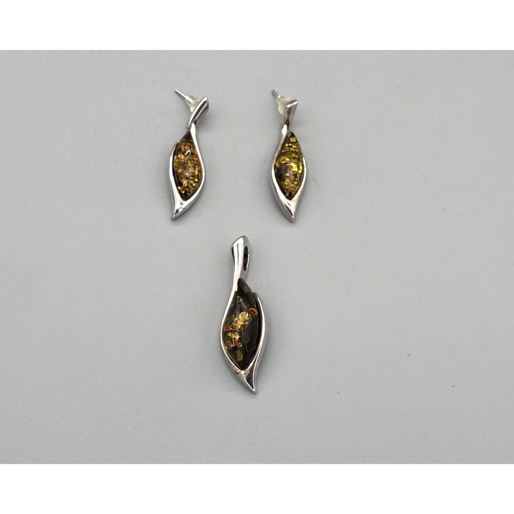 Sterling Silver 925 Amber‎ Earrings & Pendant Set